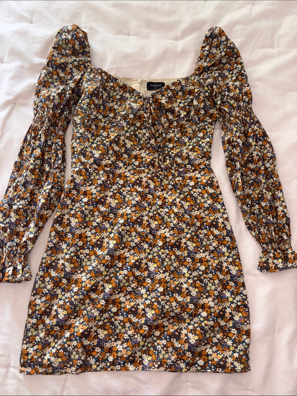 Bardot Brown & Yellow Floral Puff-Sleeve Mini Dress